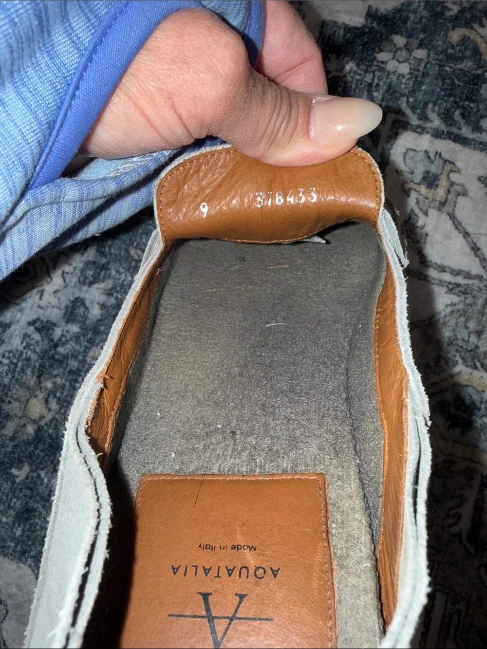 Aquatalia Nikita Italy Penny Loafer Weatherproof Soft Suede Grey Stitch Details